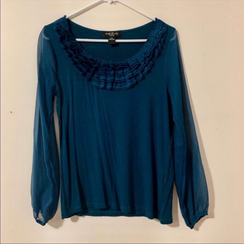 August Silk petite ruffle  neck blouse, Size PM
